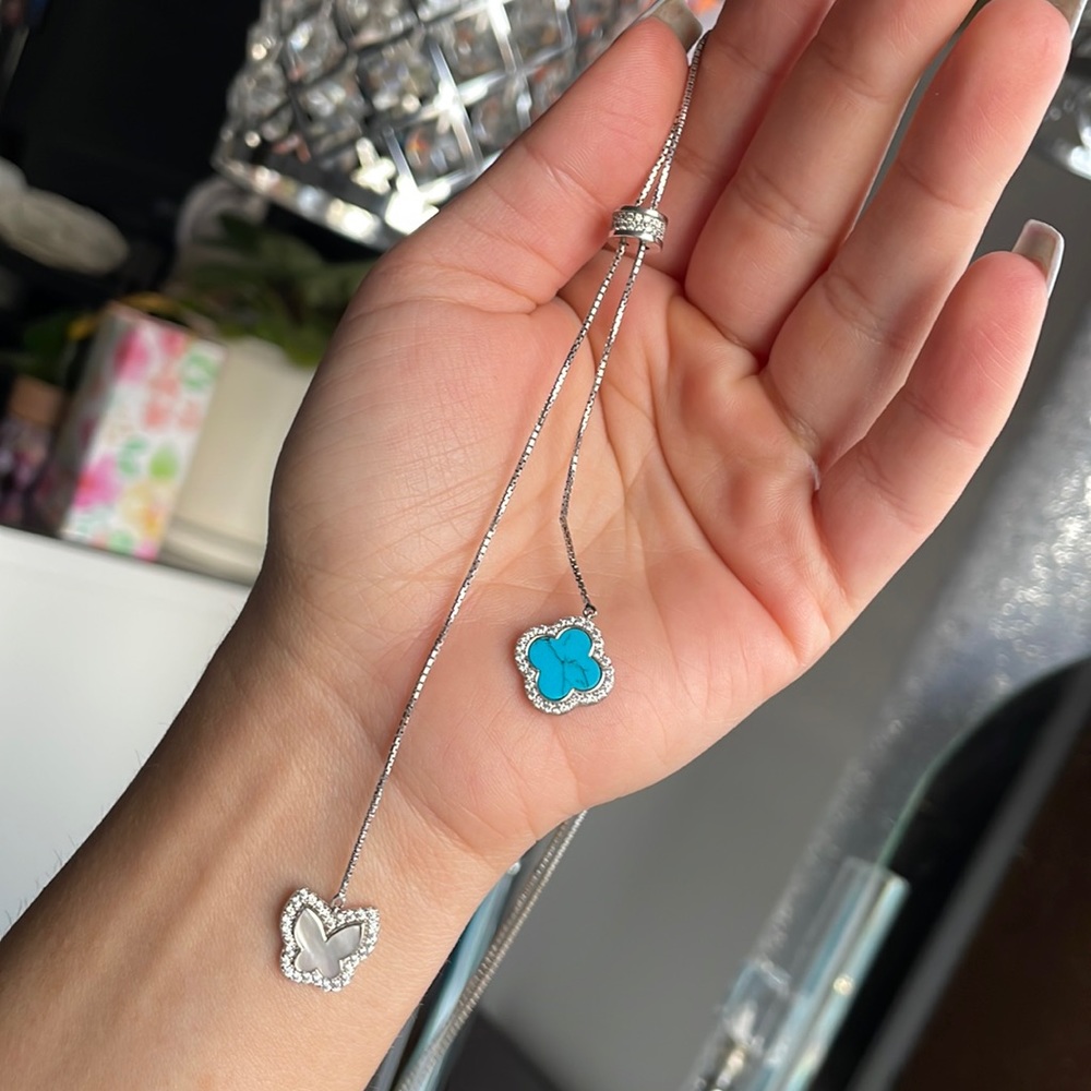 Sterling Silver Turquoise and mother of pearl Clover & Butterfly Lariat Necklace